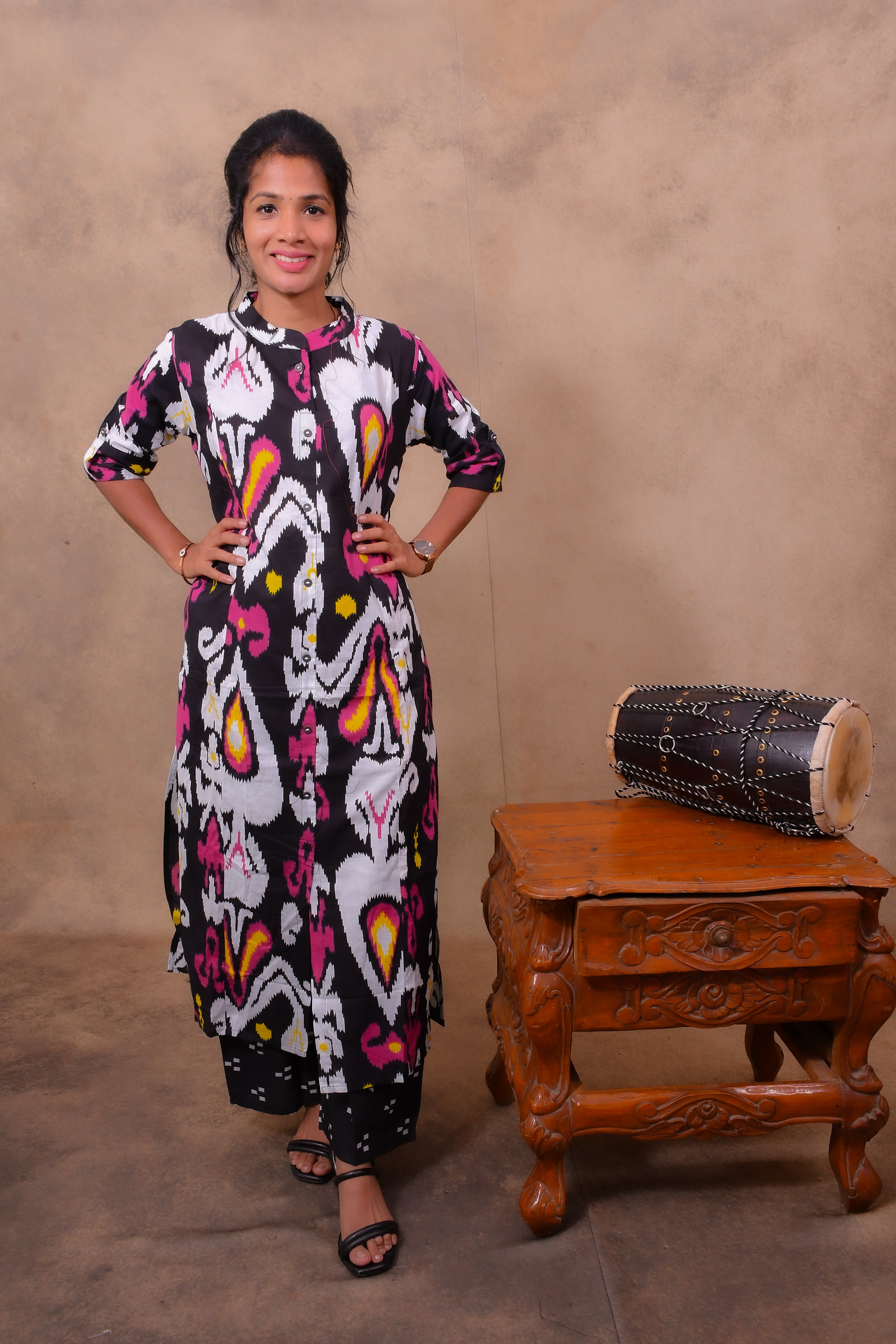 Cotton Ikkat Print Co-Ord Set for Women with Straight Cut Pants