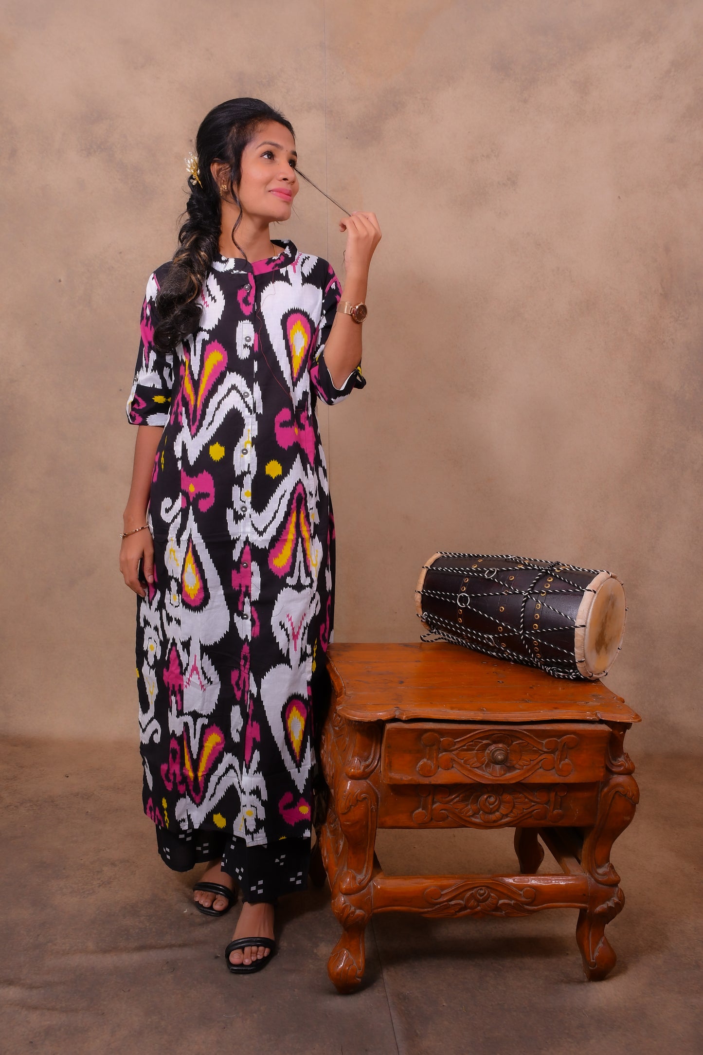 Cotton Ikkat Print Co-Ord Set for Women with Straight Cut Pants