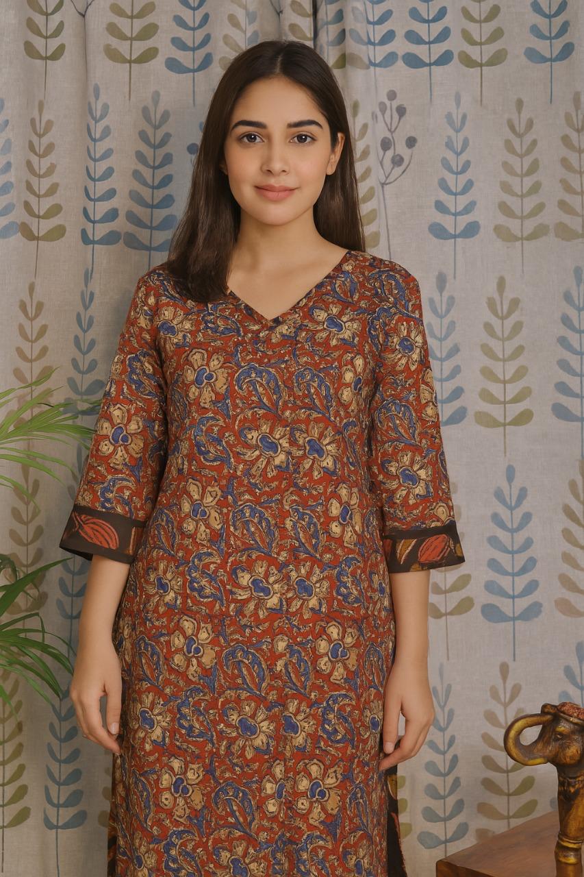 Red Cotton Kurti with Kalamkari Print