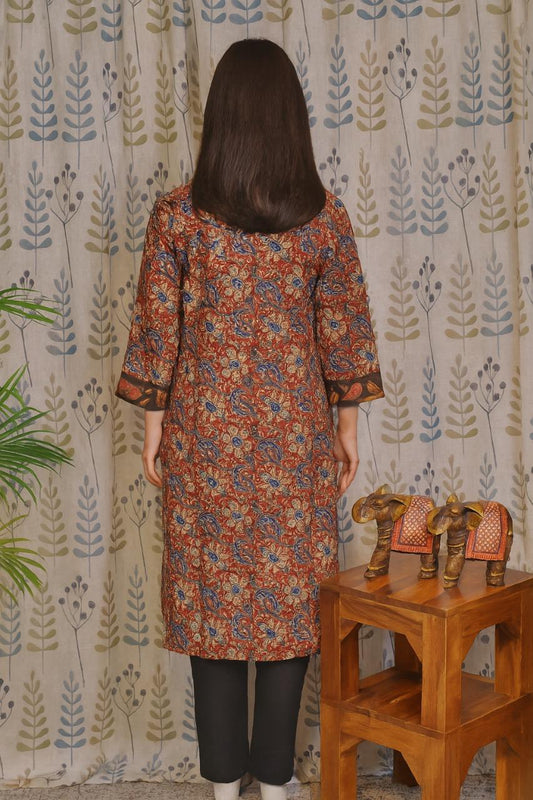 Red Cotton Kurti with Kalamkari Print