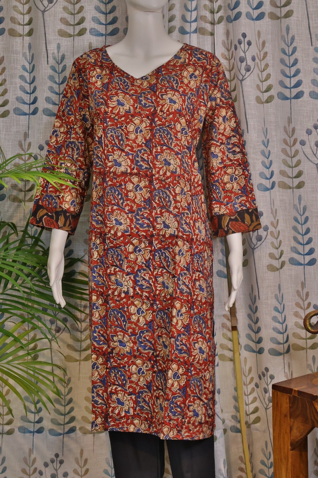 Red Cotton Kurti with Kalamkari Print