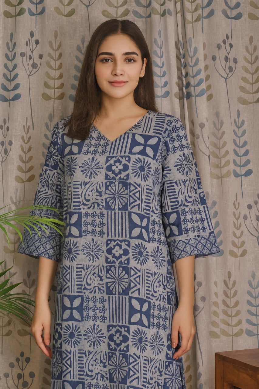 Blue Cotton Kurti with Bagru Print