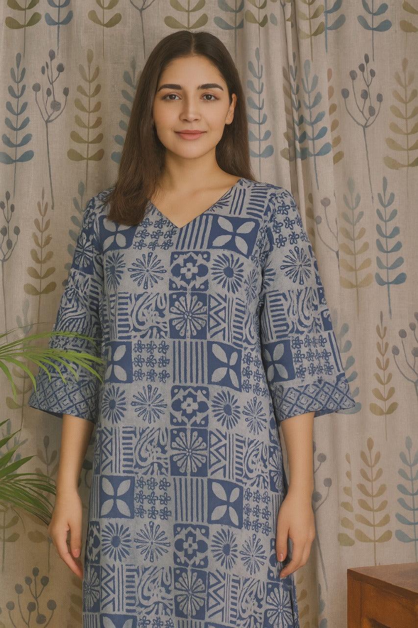Blue Cotton Kurti with Bagru Print