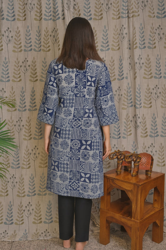 Blue Cotton Kurti with Bagru Print