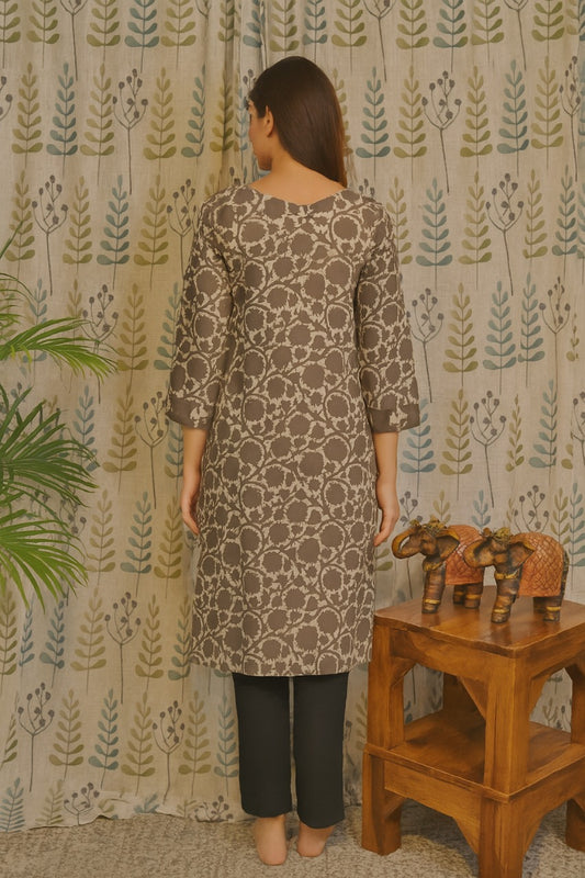 Grey Cotton Kurti with Bagru Print