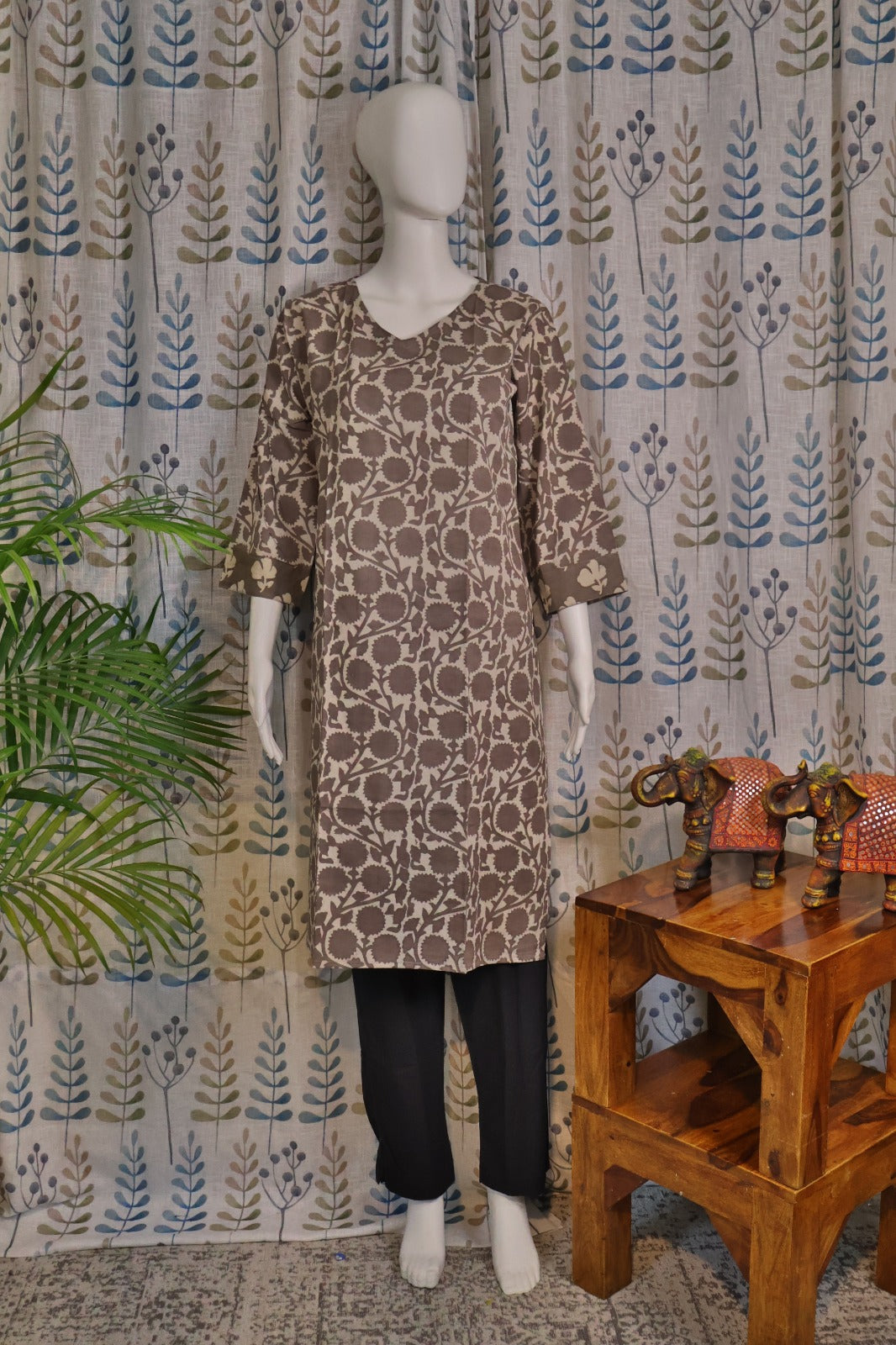 Grey Cotton Kurti with Bagru Print