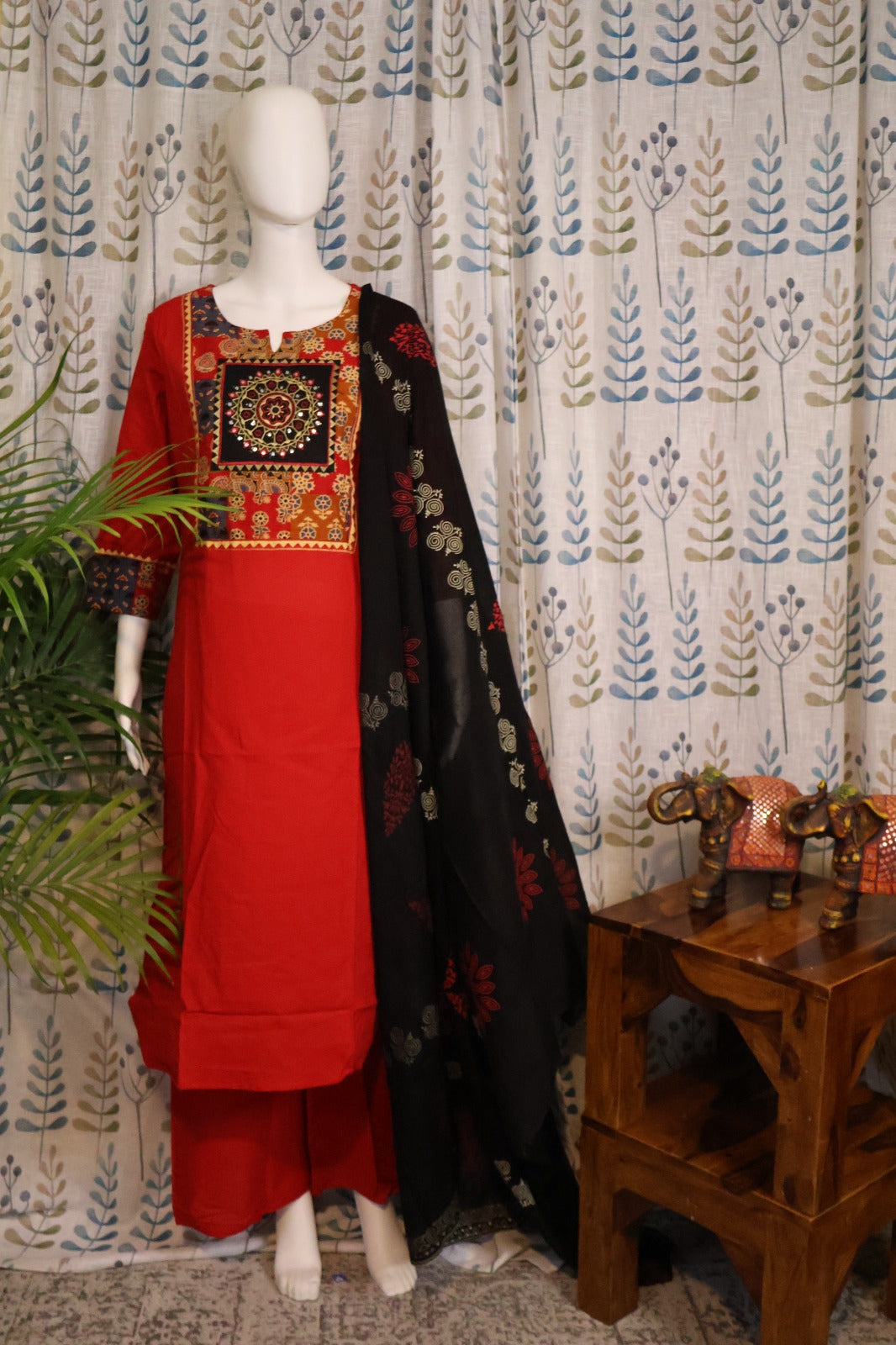 Red Cotton Kurti Set with Embroidery & Mirror Work – 3-Piece