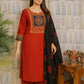 Red Cotton Kurti Set with Embroidery & Mirror Work – 3-Piece