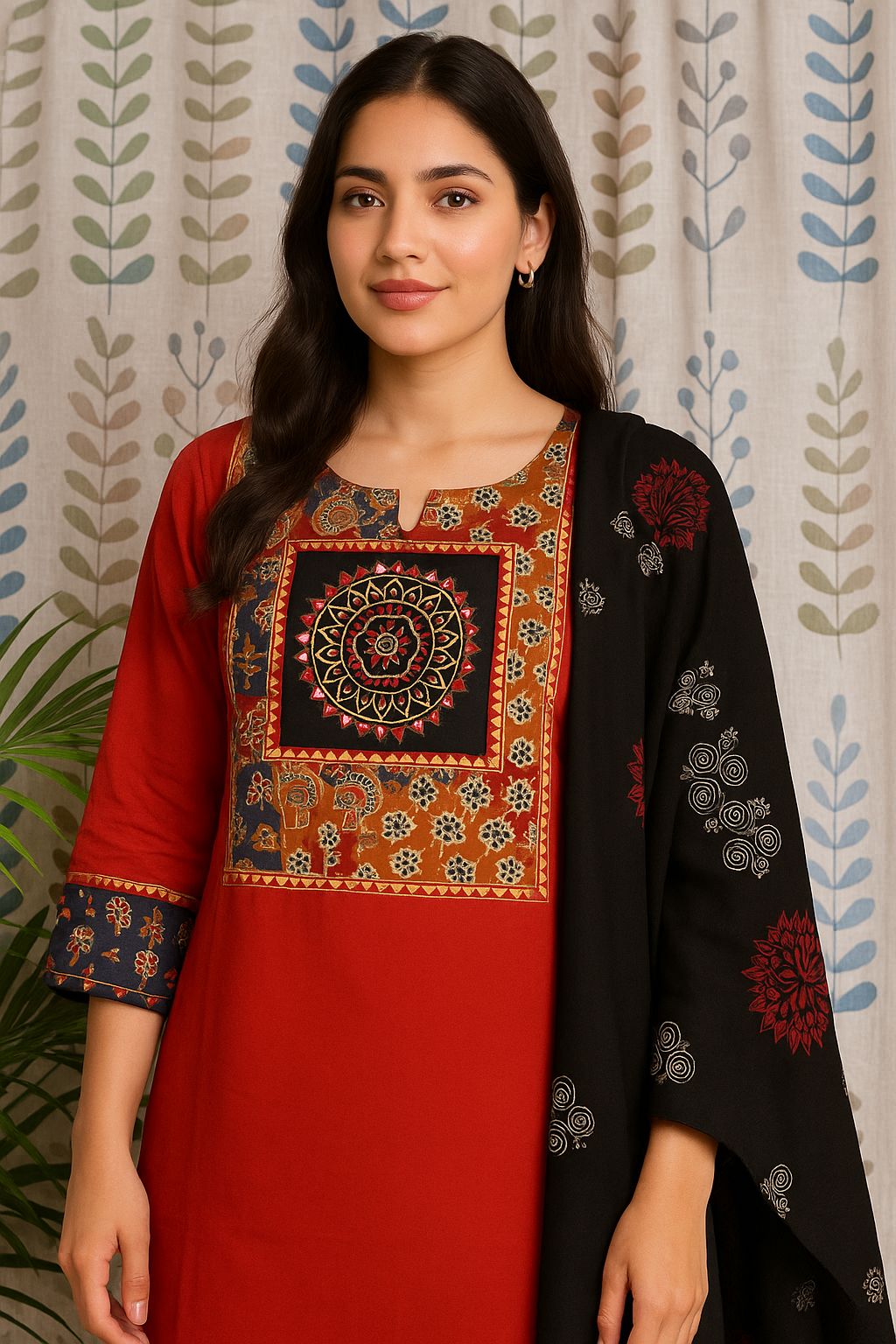 Red Cotton Kurti Set with Embroidery & Mirror Work – 3-Piece