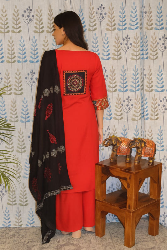 Red Cotton Kurti Set with Embroidery & Mirror Work – 3-Piece