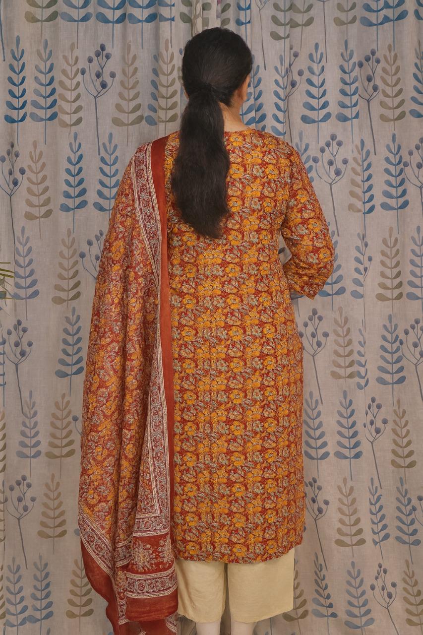Maroon Cotton Kurti Set with Printed Dupatta – 3 Piece Set