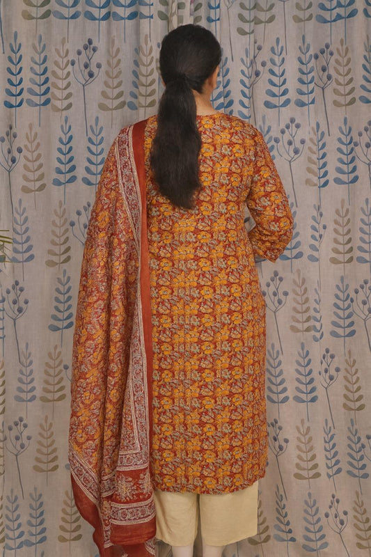 Maroon Cotton Kurti Set with Printed Dupatta – 3 Piece Set