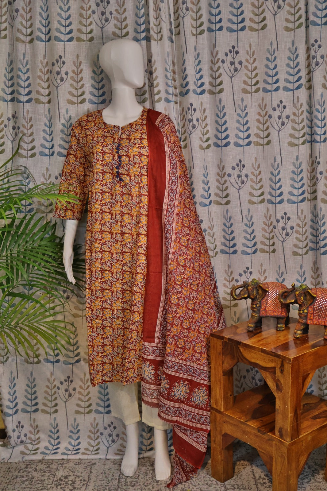 Maroon Cotton Kurti Set with Printed Dupatta – 3 Piece Set