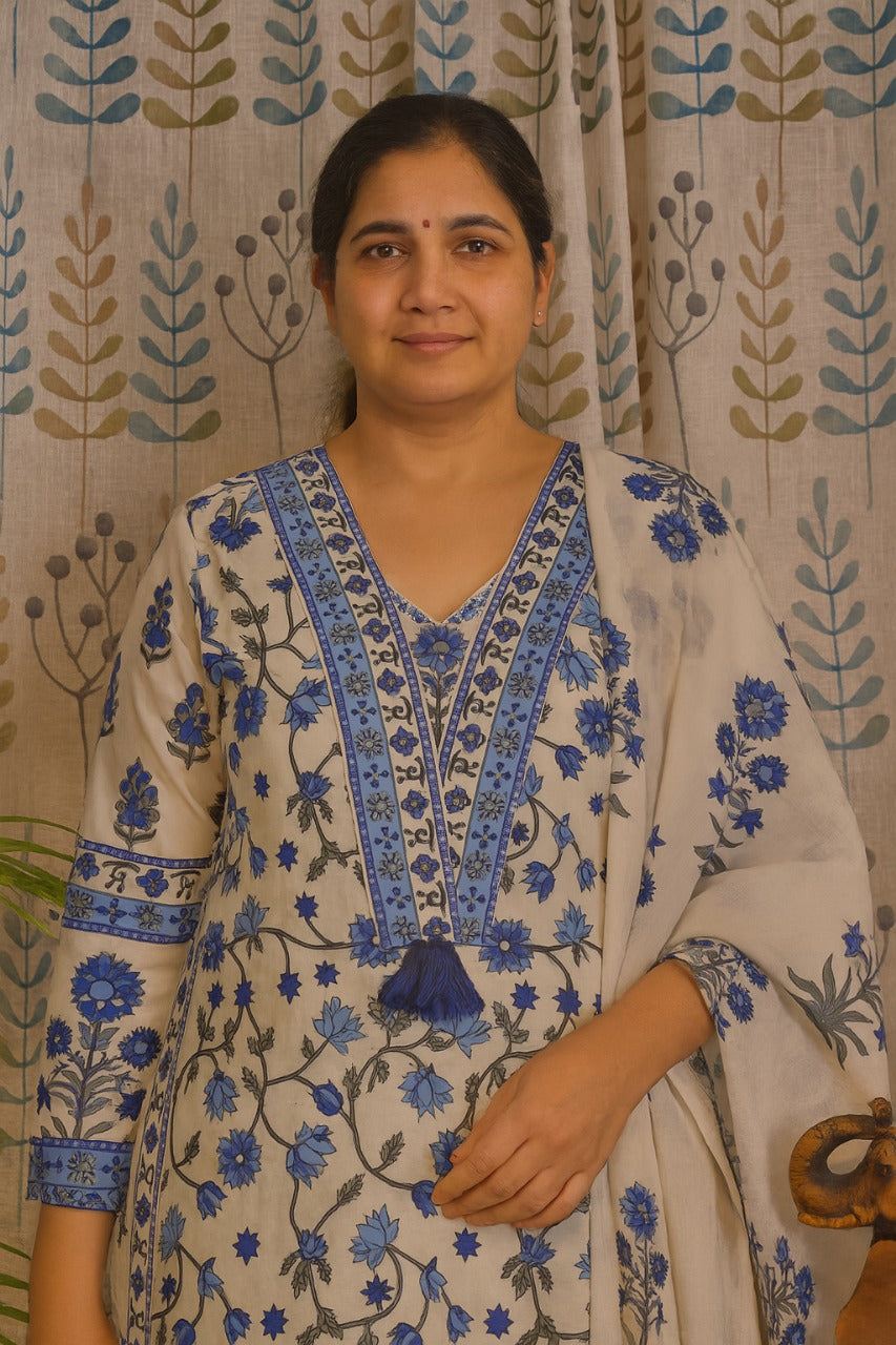 Blue Cotton Kurti Set with Floral Dupatta & Pant – 3 Piece