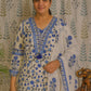 Blue Cotton Kurti Set with Floral Dupatta & Pant – 3 Piece