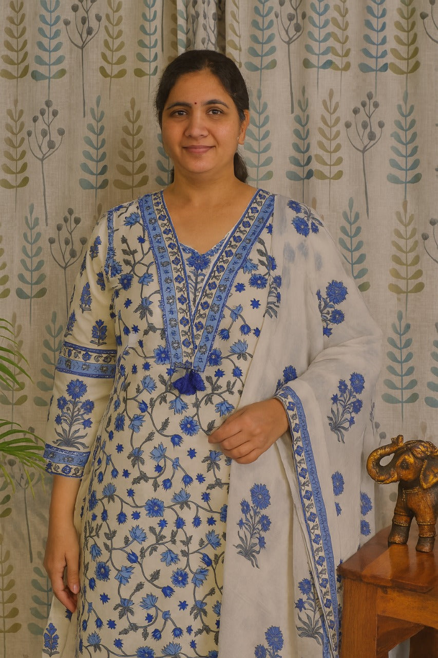 Blue Cotton Kurti Set with Floral Dupatta & Pant – 3 Piece