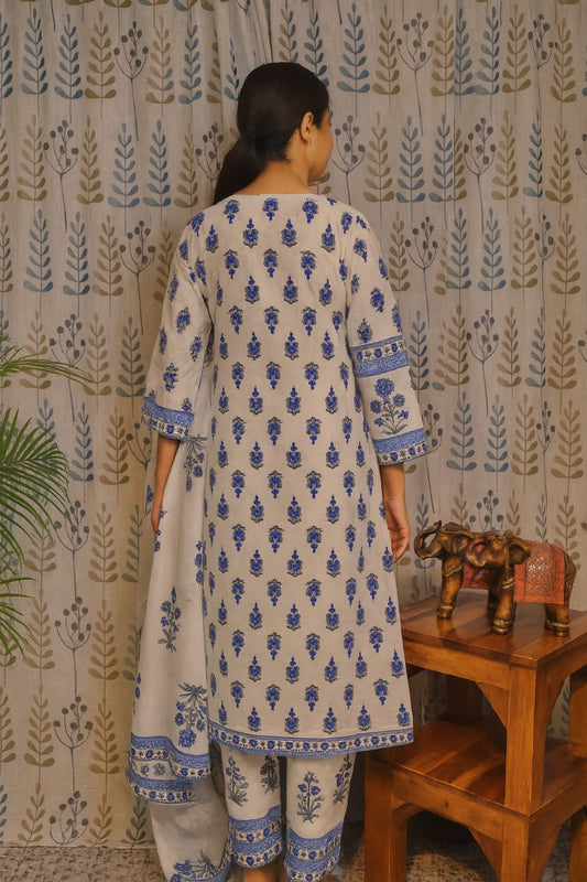 Blue Cotton Kurti Set with Floral Dupatta & Pant – 3 Piece