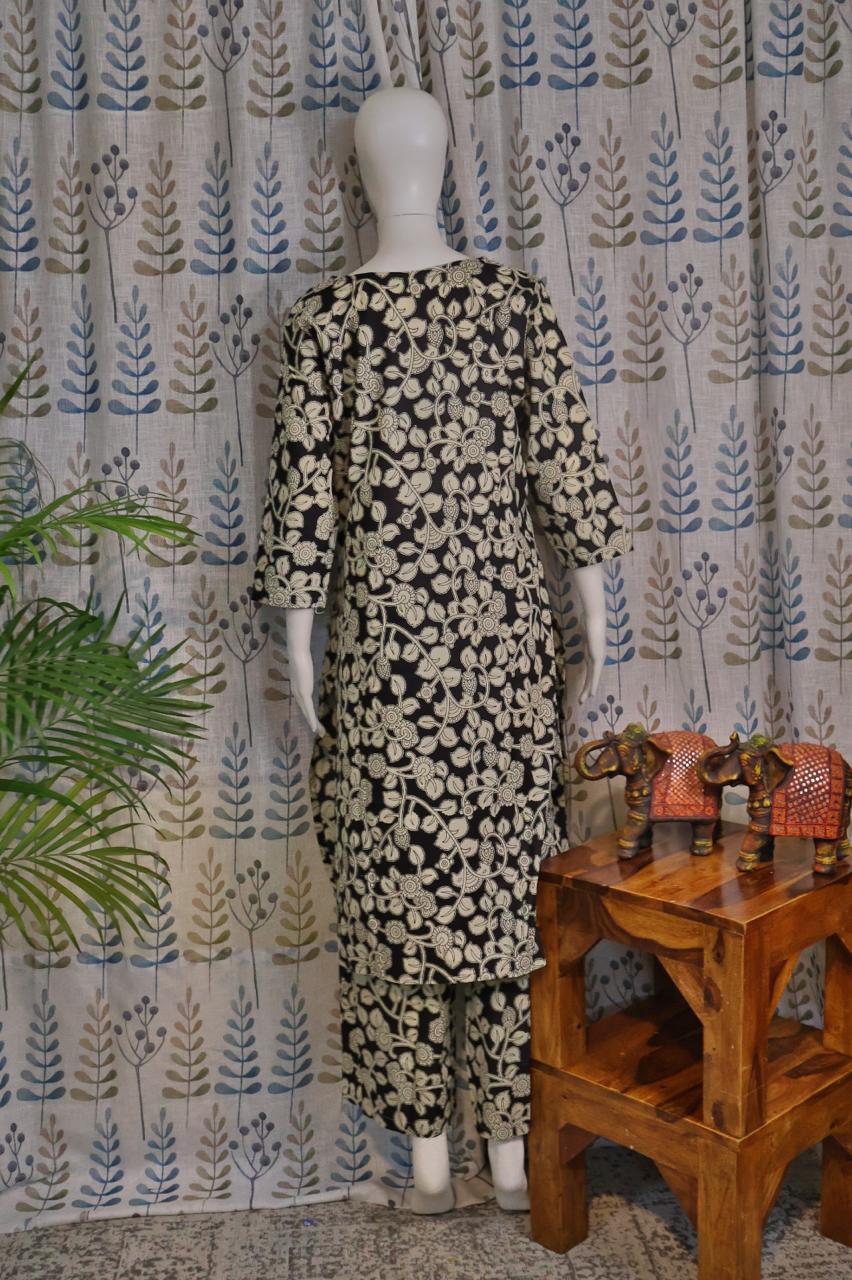 Black Cotton Quad Set with Floral Print for Office Wear