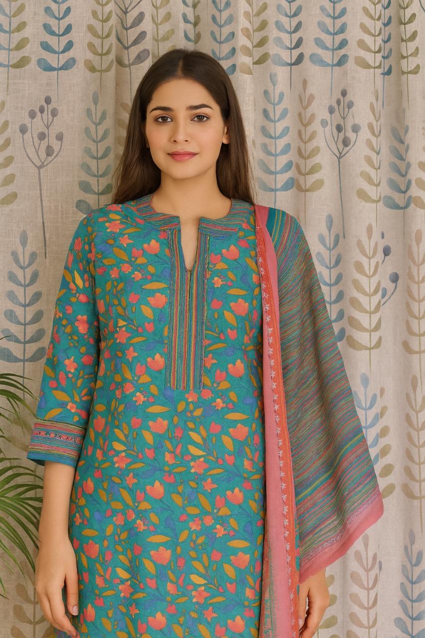 Pink Floral Cotton Kurti Set with Striped Pant & Dupatta