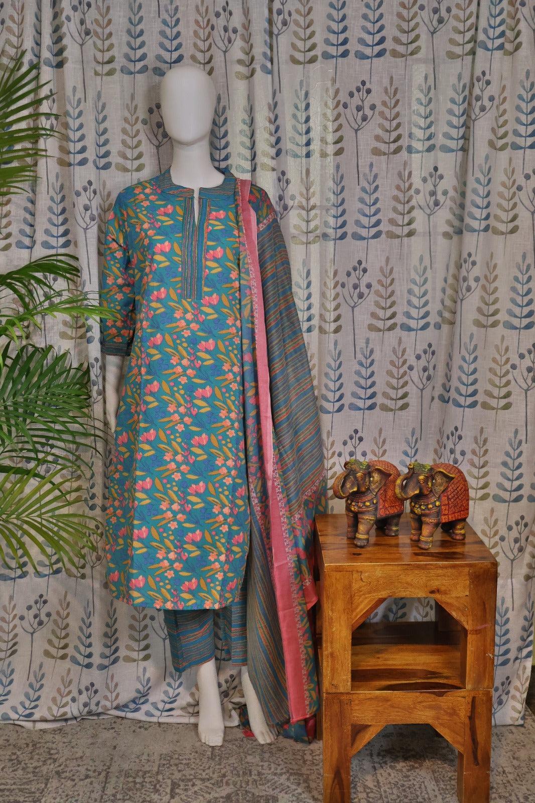 Pink Floral Cotton Kurti Set with Striped Pant & Dupatta