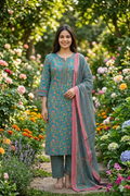 Pink Floral Mixed Cotton Kurti Set with Striped Pant & Dupatta