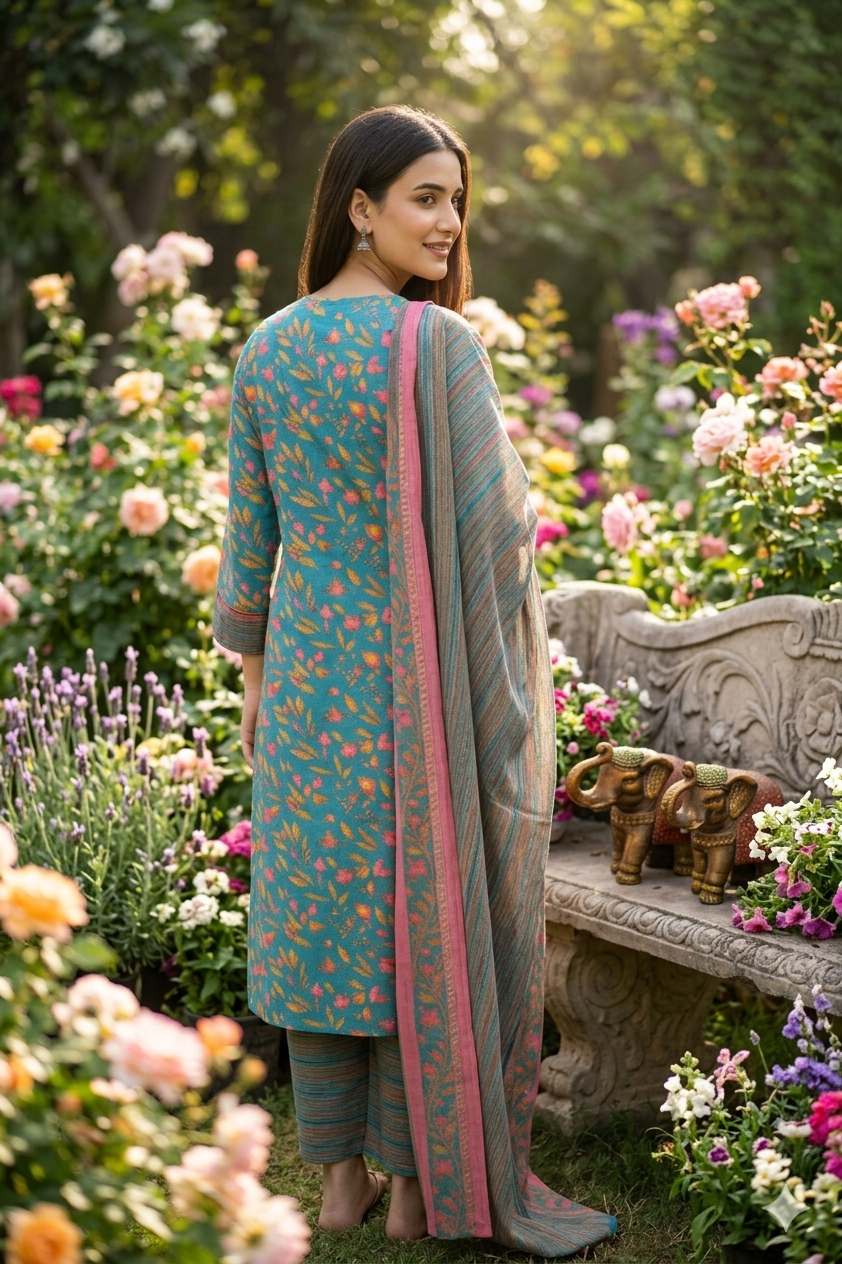 Pink Floral Mixed Cotton Kurti Set with Striped Pant & Dupatta