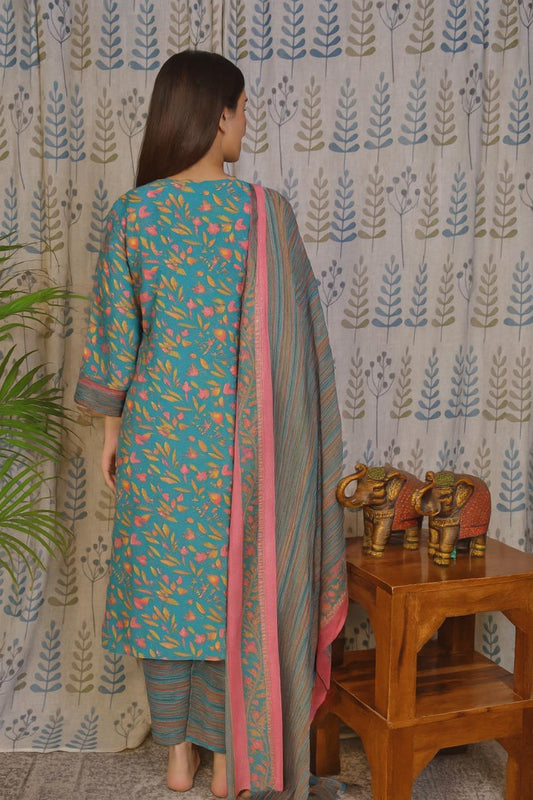 Pink Floral Cotton Kurti Set with Striped Pant & Dupatta