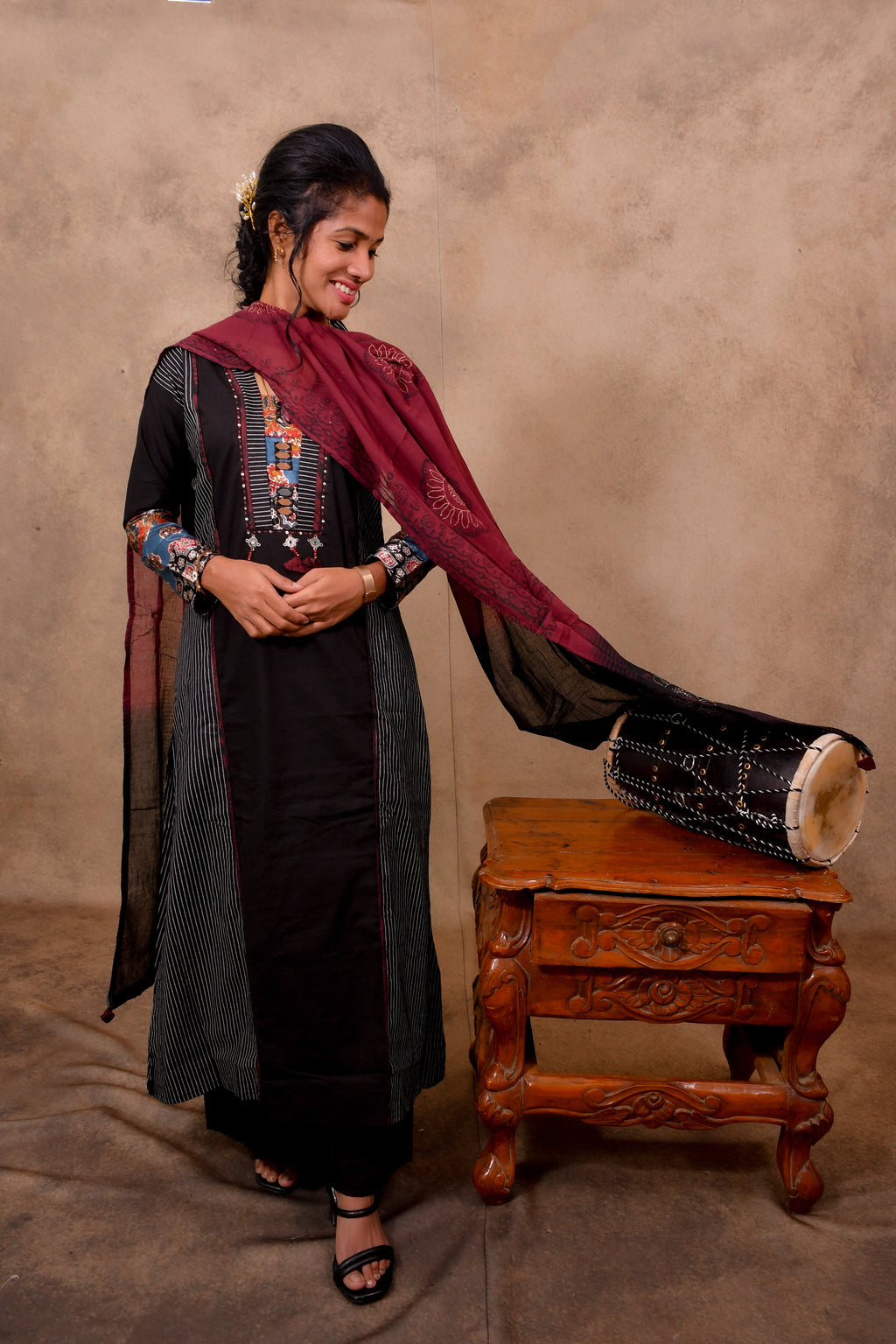 Black Cotton 3-Piece Set for Women with Dupatta and Mirror Work