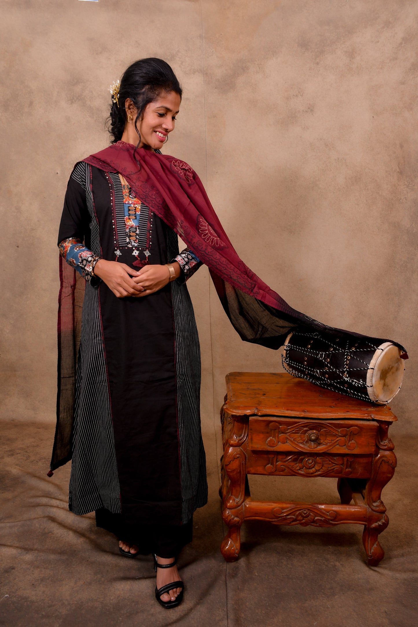 Black Cotton 3-Piece Set for Women with Dupatta and Mirror Work