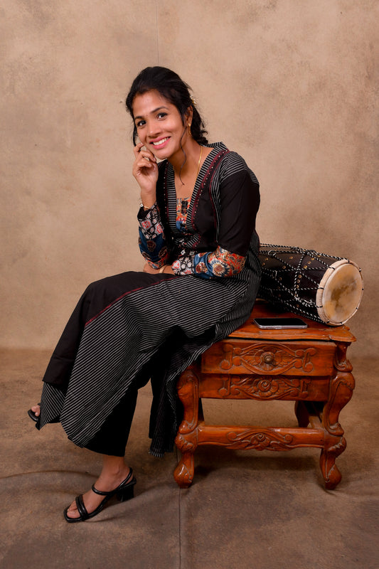 Black Cotton 3-Piece Set for Women with Dupatta and Mirror Work