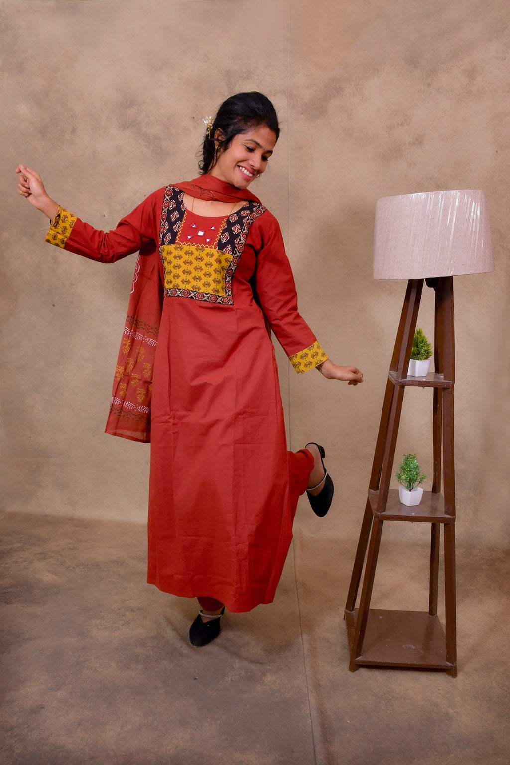 Red Cotton 3-Piece Set for Women with Ajrak Print Detailing