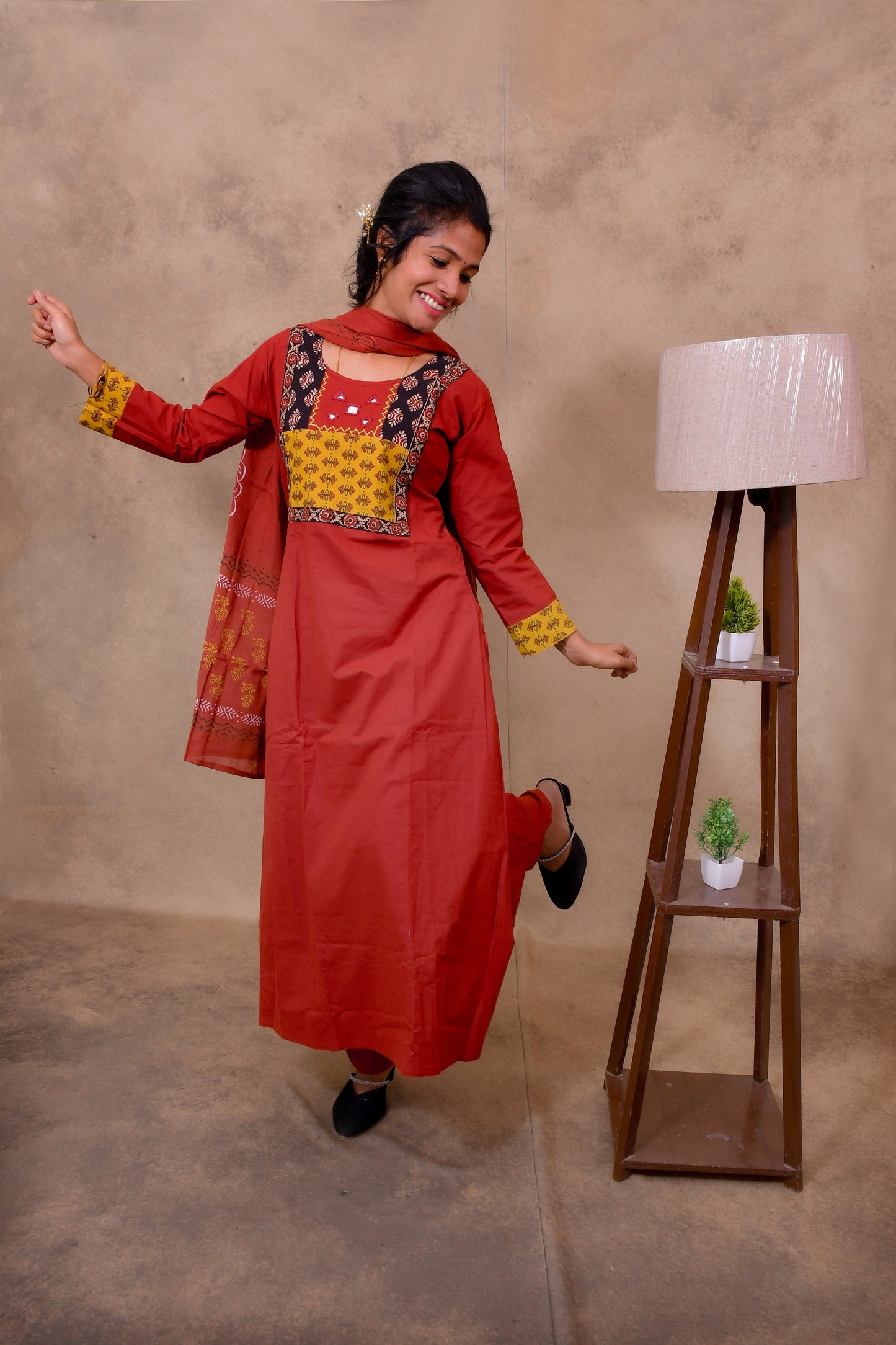 Red Cotton 3-Piece Set for Women with Ajrak Print Detailing