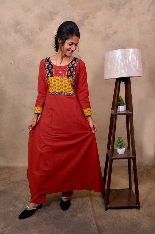 Red Cotton 3-Piece Set for Women with Ajrak Print Detailing