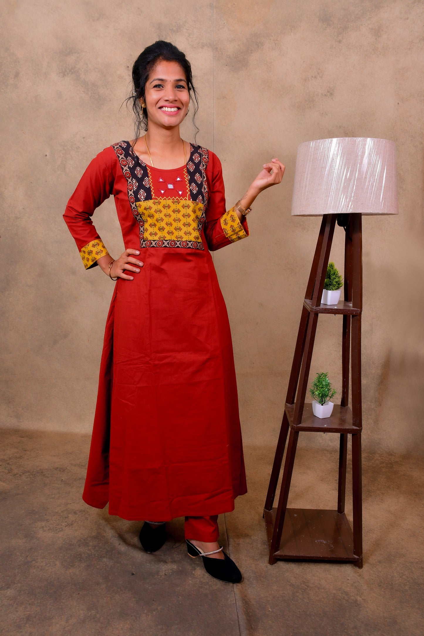 Red Cotton 3-Piece Set for Women with Ajrak Print Detailing