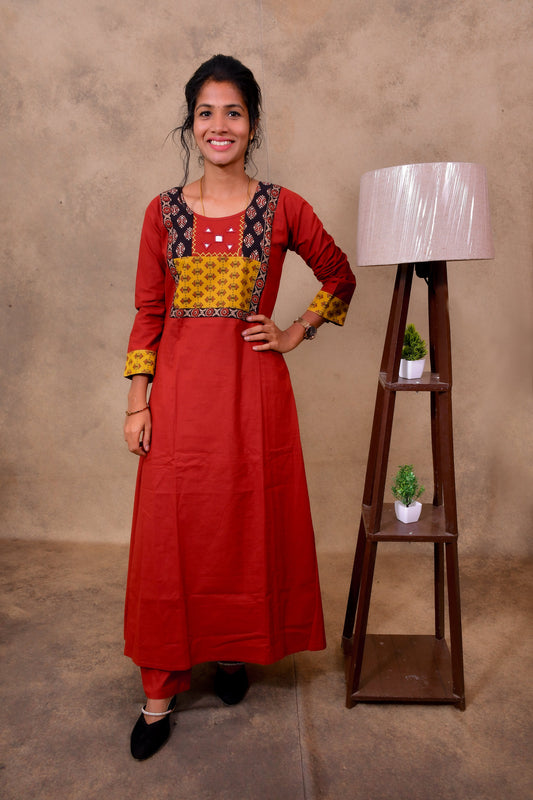Red Cotton 3-Piece Set for Women with Ajrak Print Detailing