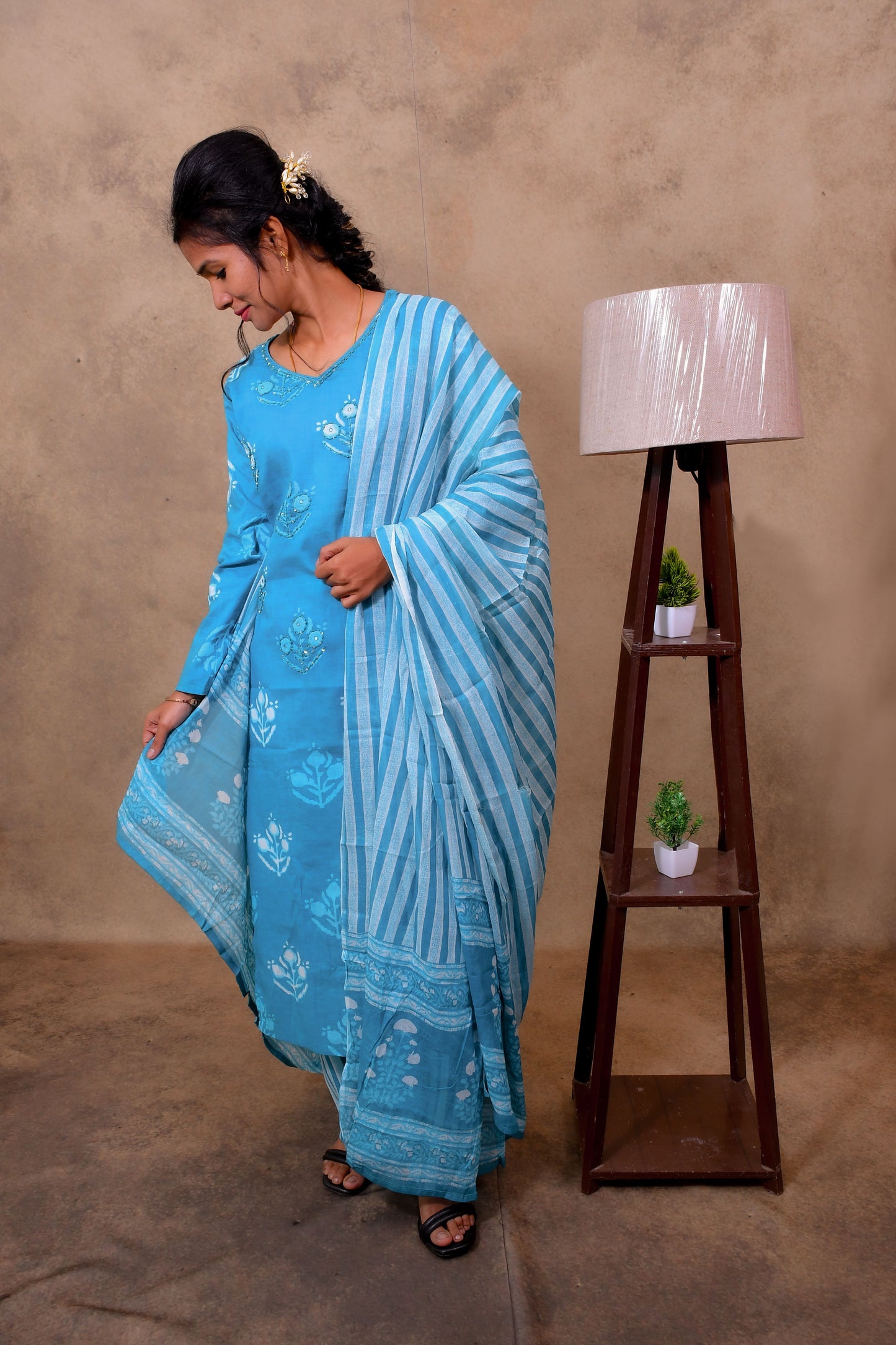 Sky Blue Cotton 3-Piece Set for Women with Bandhani Print & Sequin Work