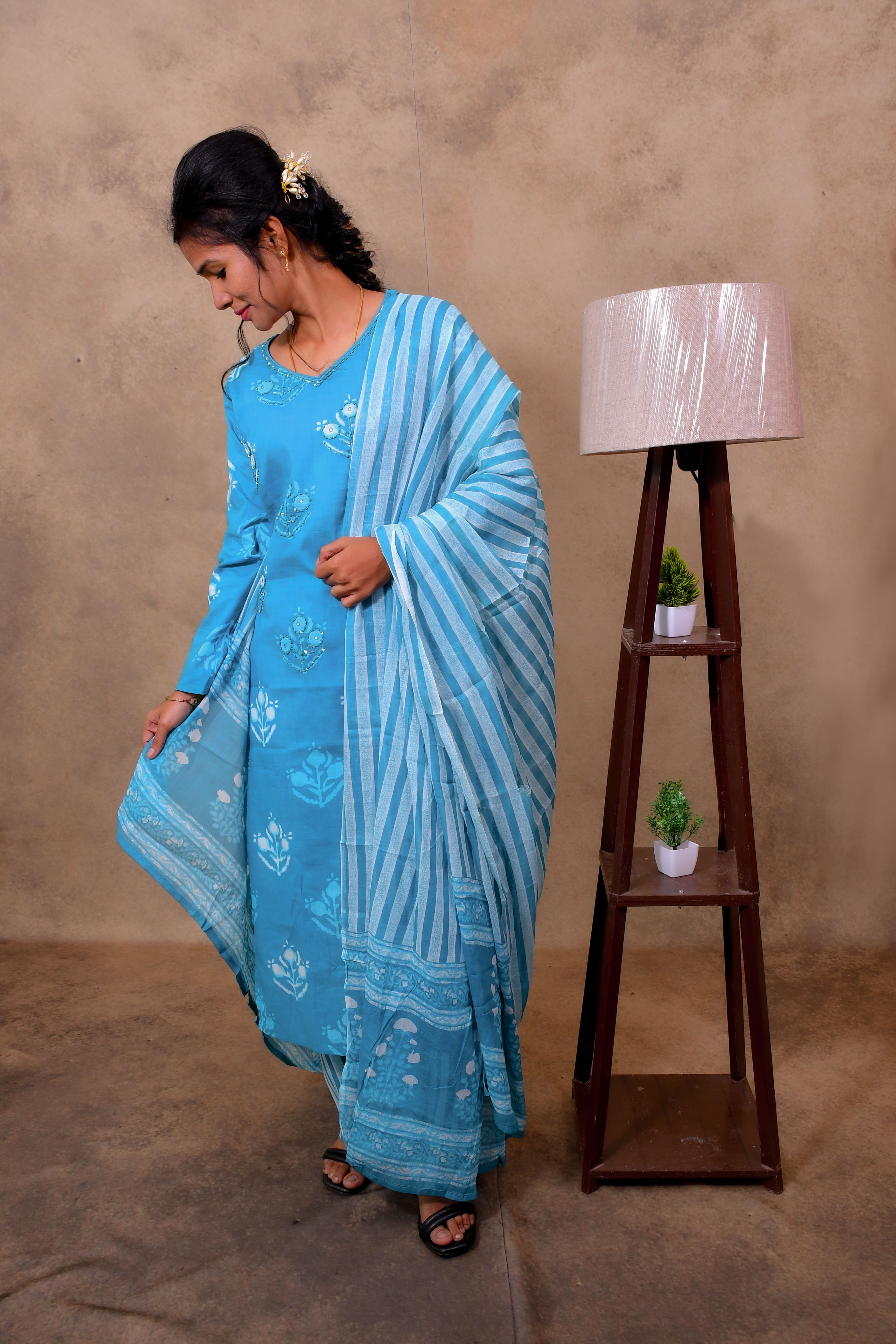 Sky Blue Cotton 3-Piece Set for Women with Bandhani Print & Sequin Work