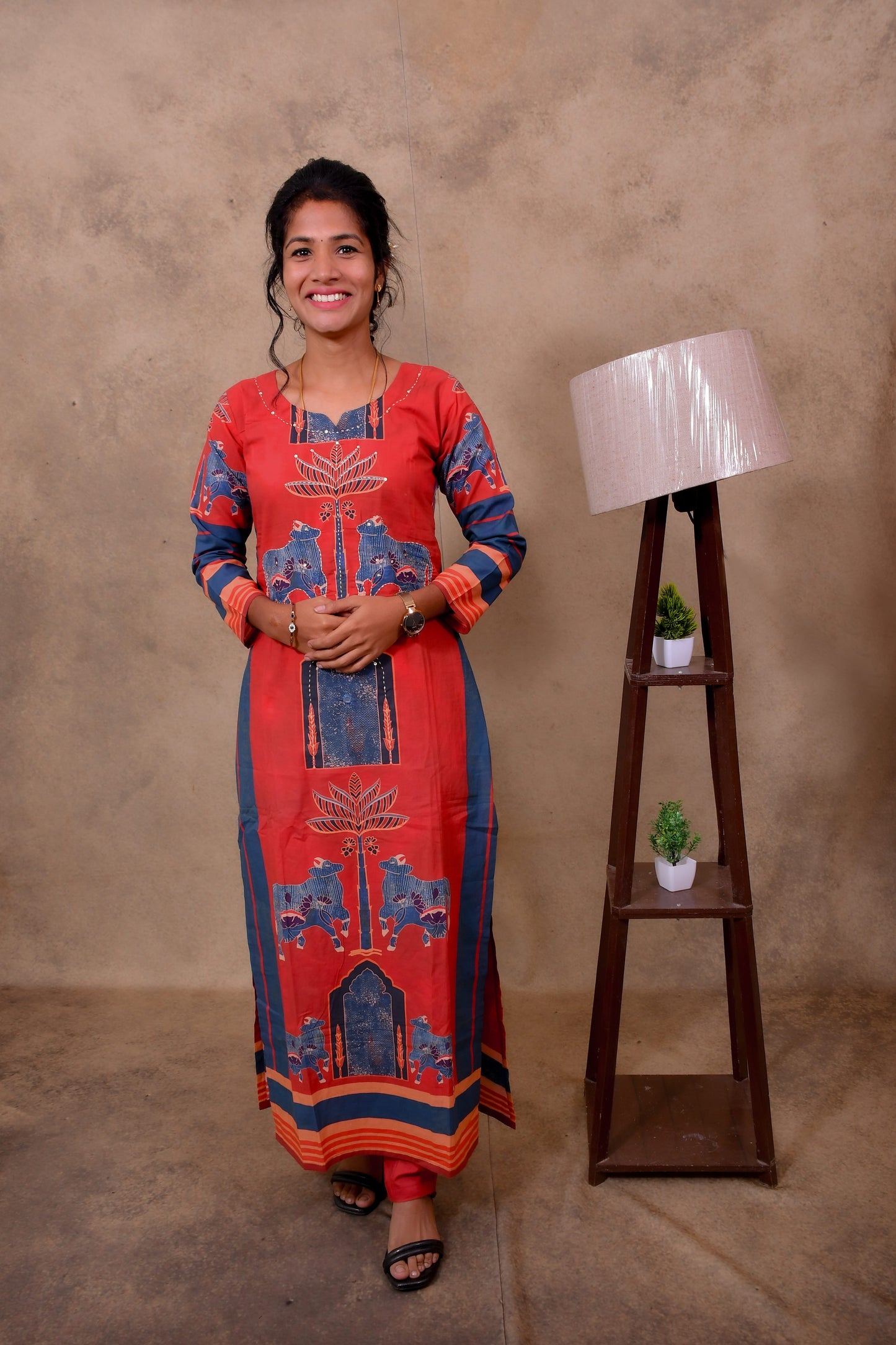 Red Cotton 3-Piece Set for Women with Nandhi Print Dupatta
