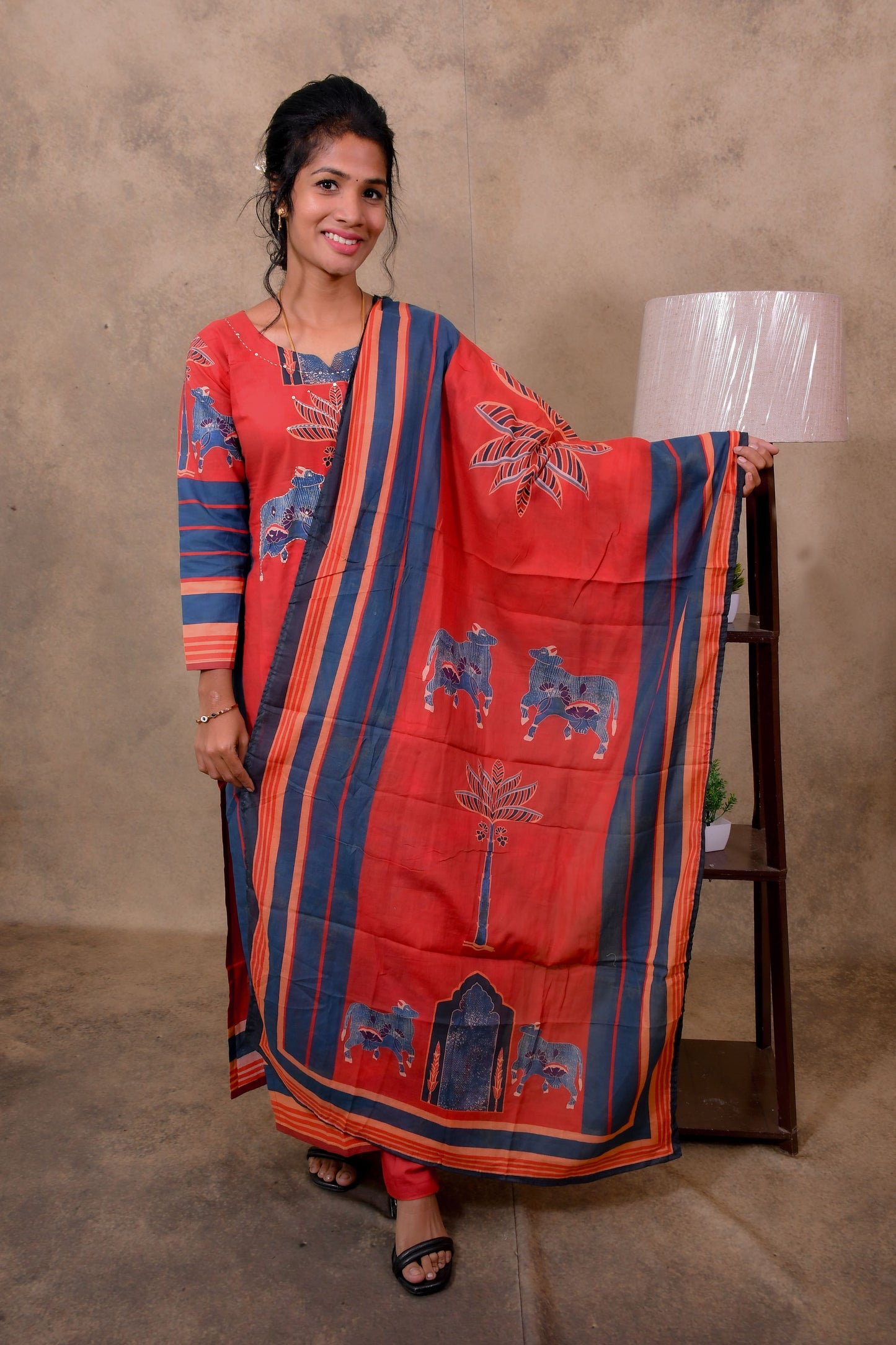 Red Cotton 3-Piece Set for Women with Nandhi Print Dupatta