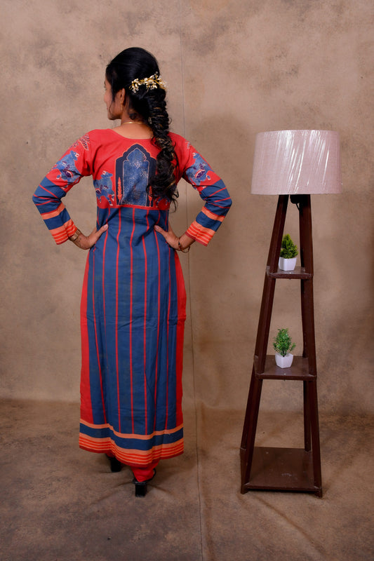 Red Cotton 3-Piece Set for Women with Nandhi Print Dupatta
