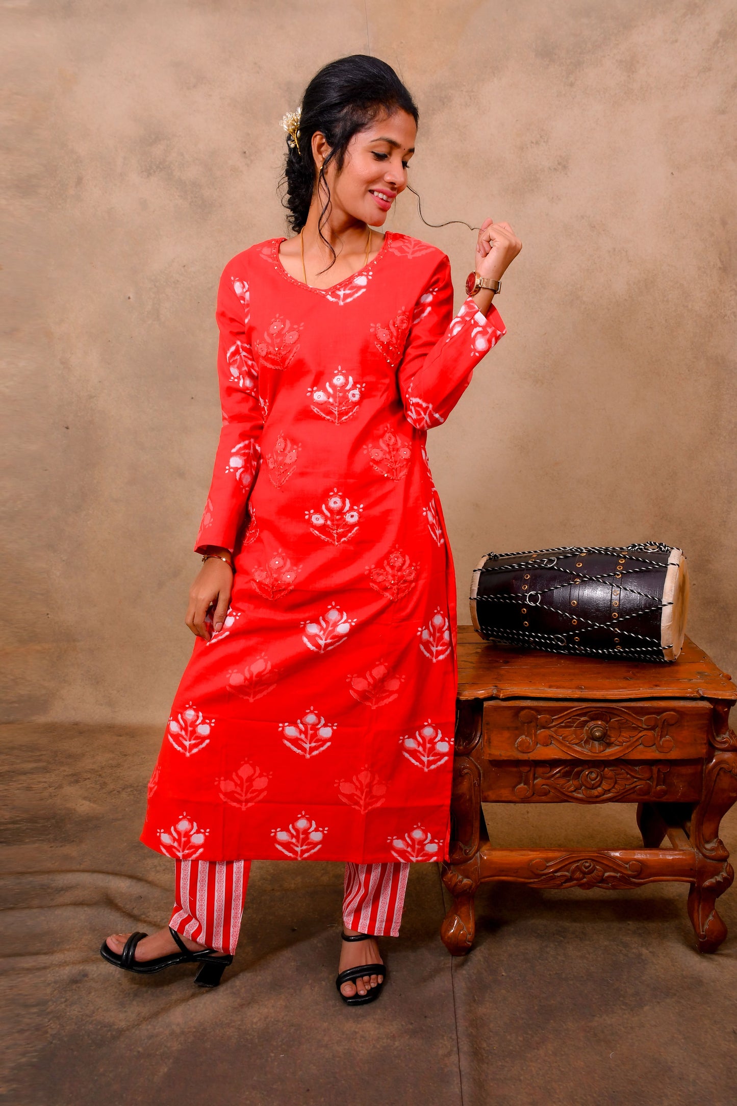 Orange Cotton 3-Piece Set for Women with Bandhani Print & Sequin Work