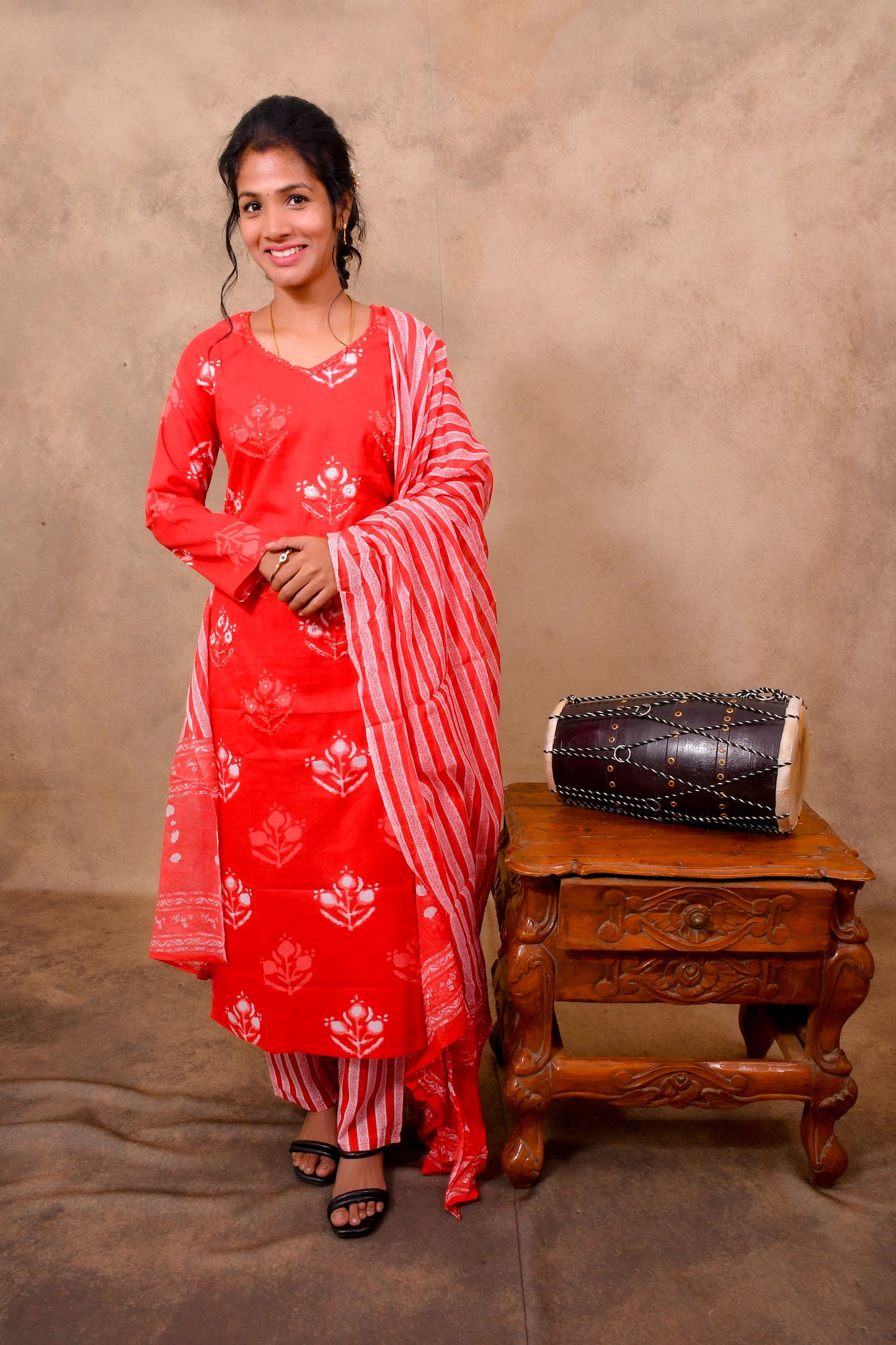 Orange Cotton 3-Piece Set for Women with Bandhani Print & Sequin Work