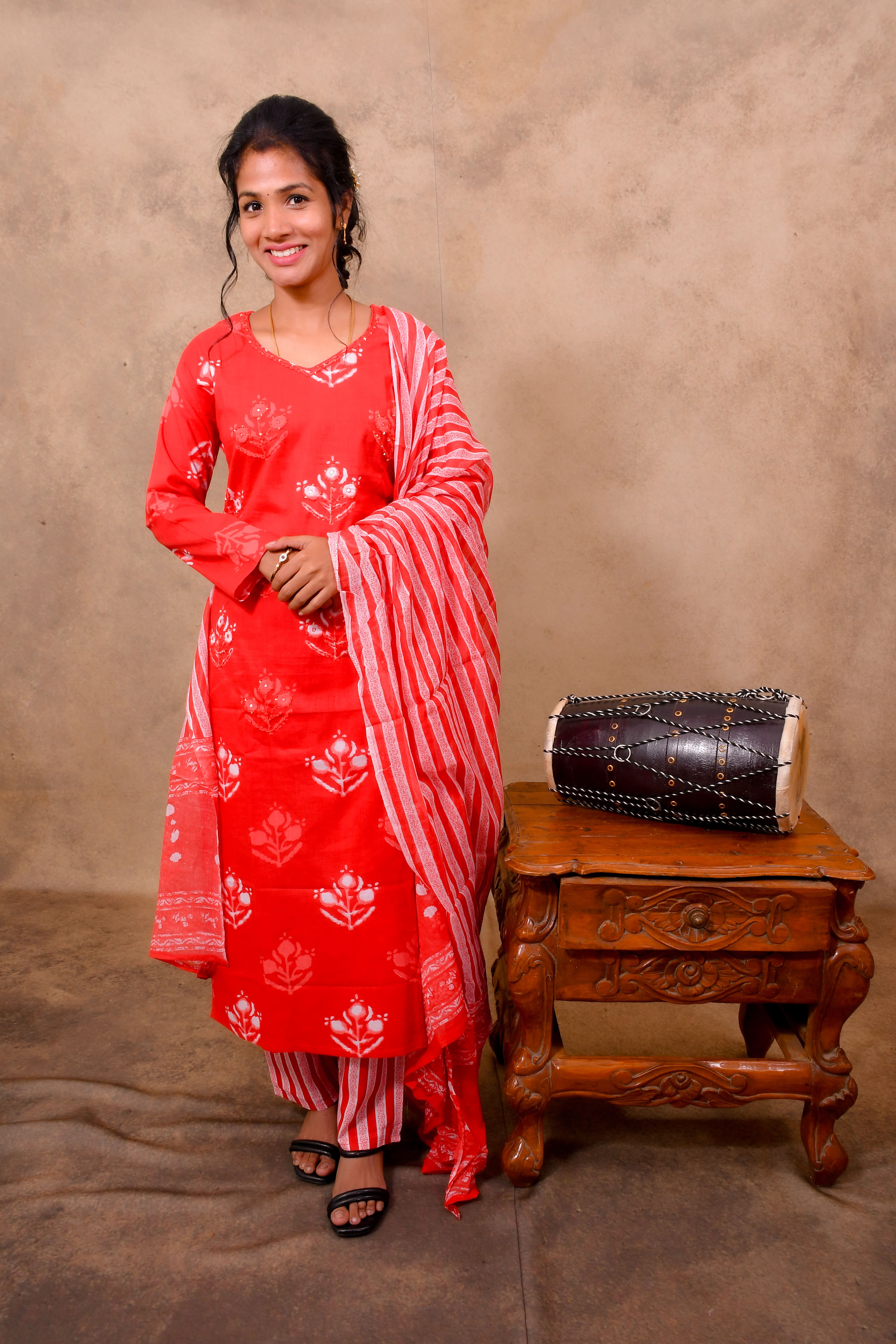 Orange Cotton 3-Piece Set for Women with Bandhani Print & Sequin Work