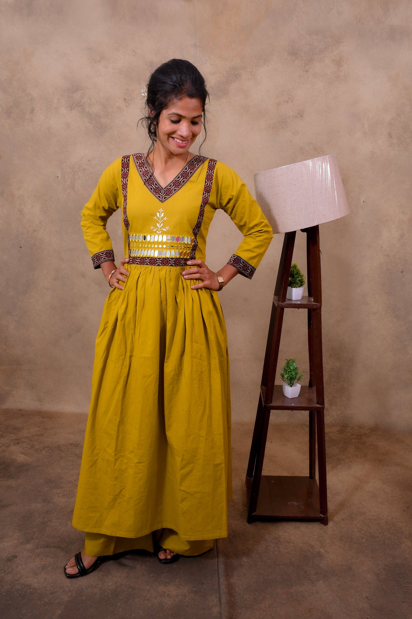 Mustard Cotton 3-Piece Set for Women with Mirror