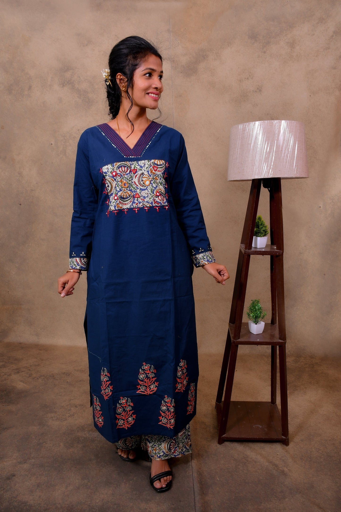 Blue Cotton 3-Piece Set for Women with Kalamkari Print & Palazzo Pant