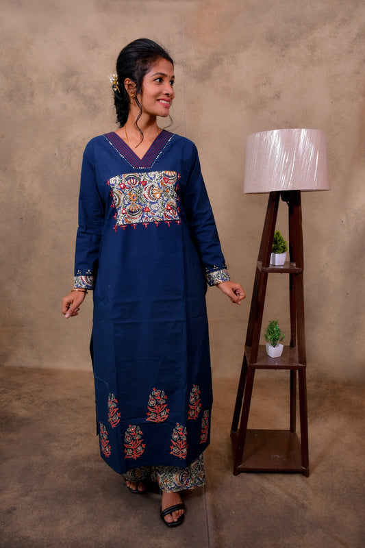 Blue Cotton 3-Piece Set for Women with Kalamkari Print & Palazzo Pant