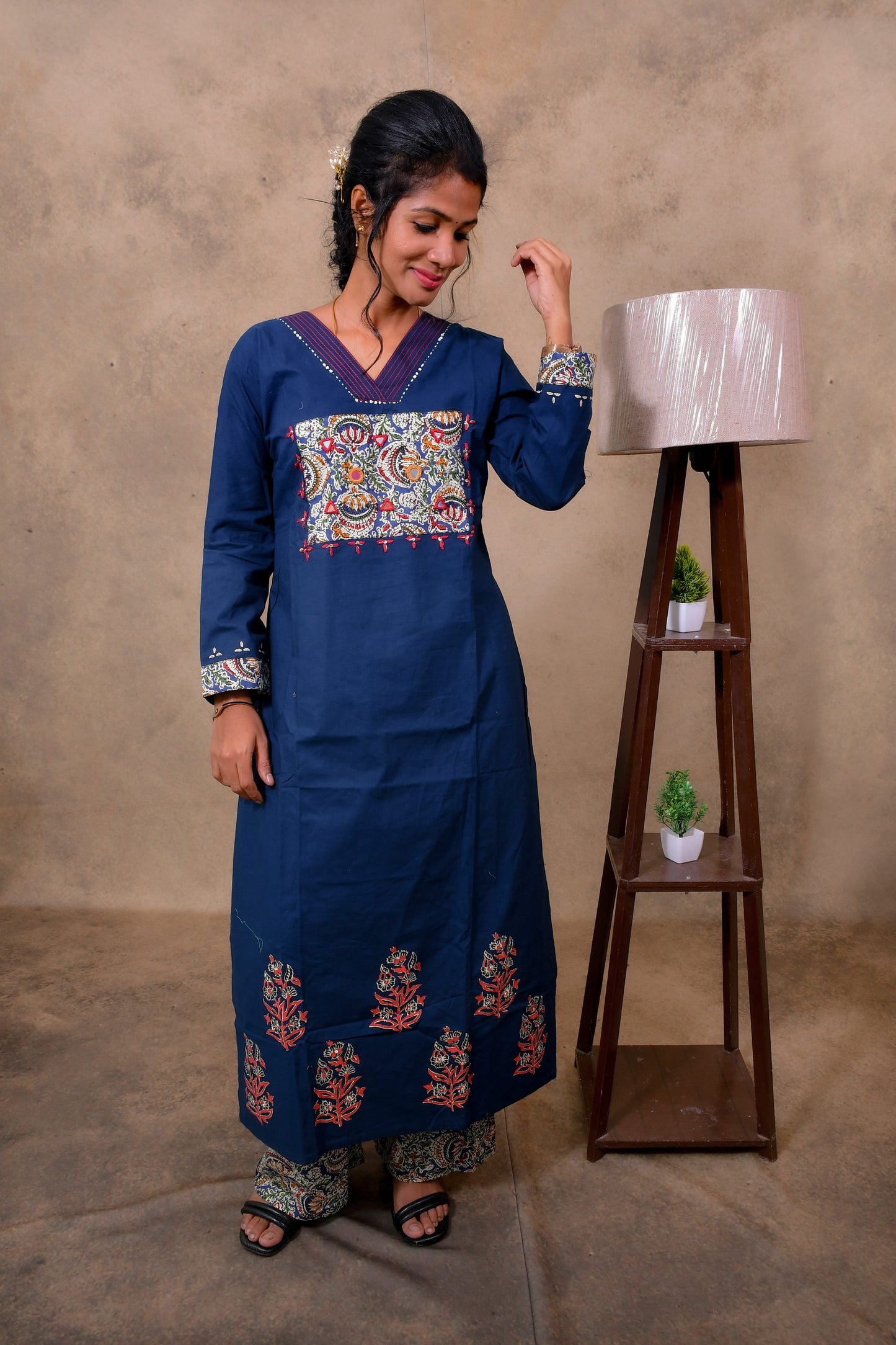 Blue Cotton 3-Piece Set for Women with Kalamkari Print & Palazzo Pant