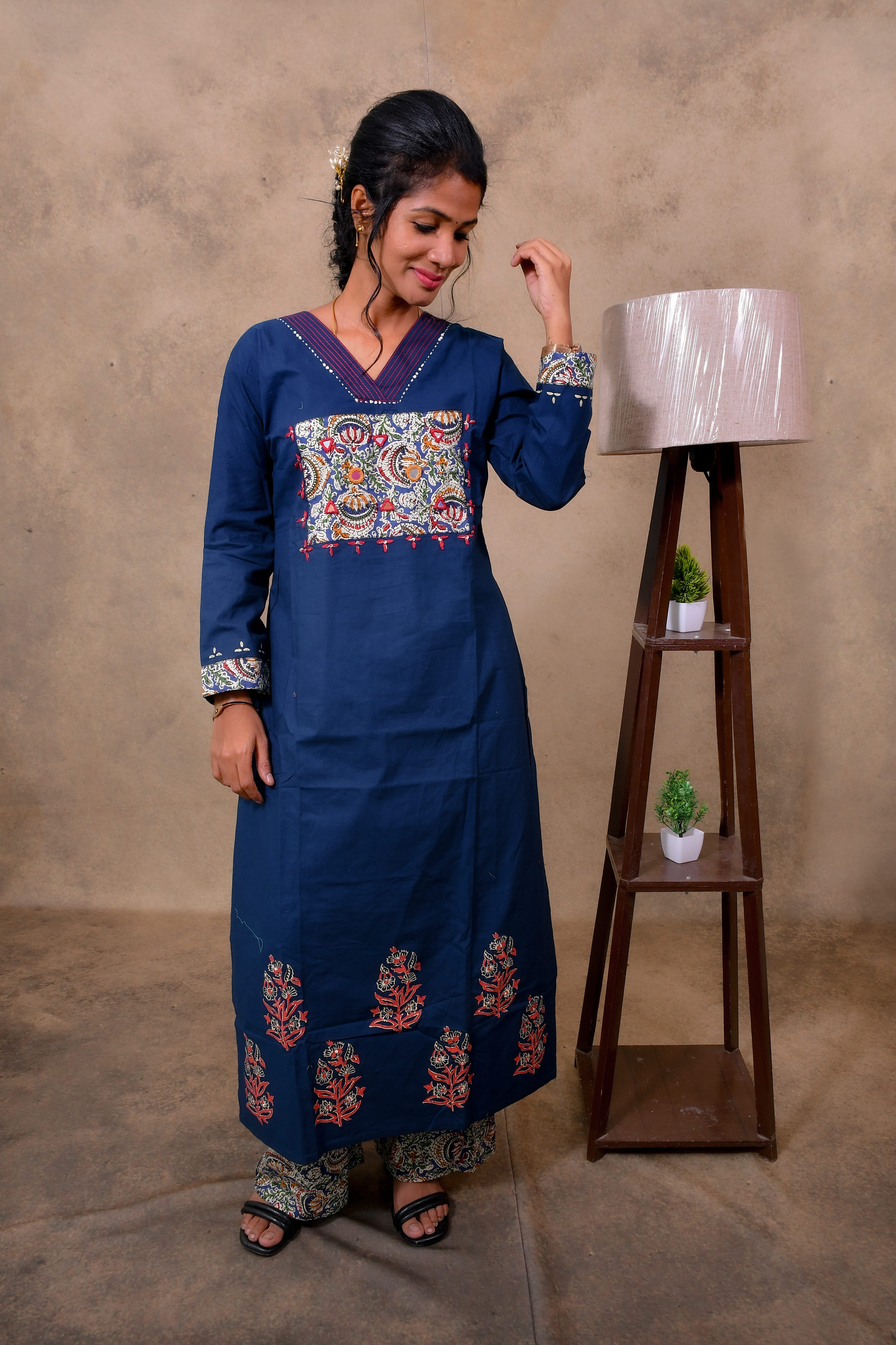 Blue Cotton 3-Piece Set for Women with Kalamkari Print & Palazzo Pant