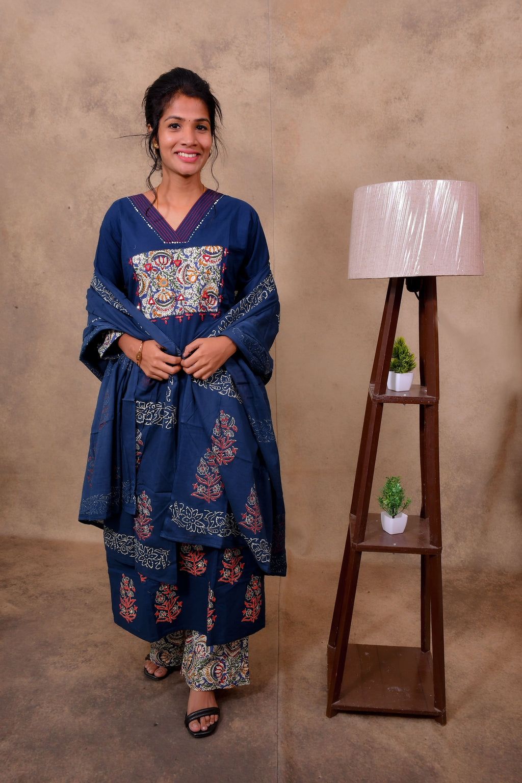 Blue Cotton 3-Piece Set for Women with Kalamkari Print & Palazzo Pant
