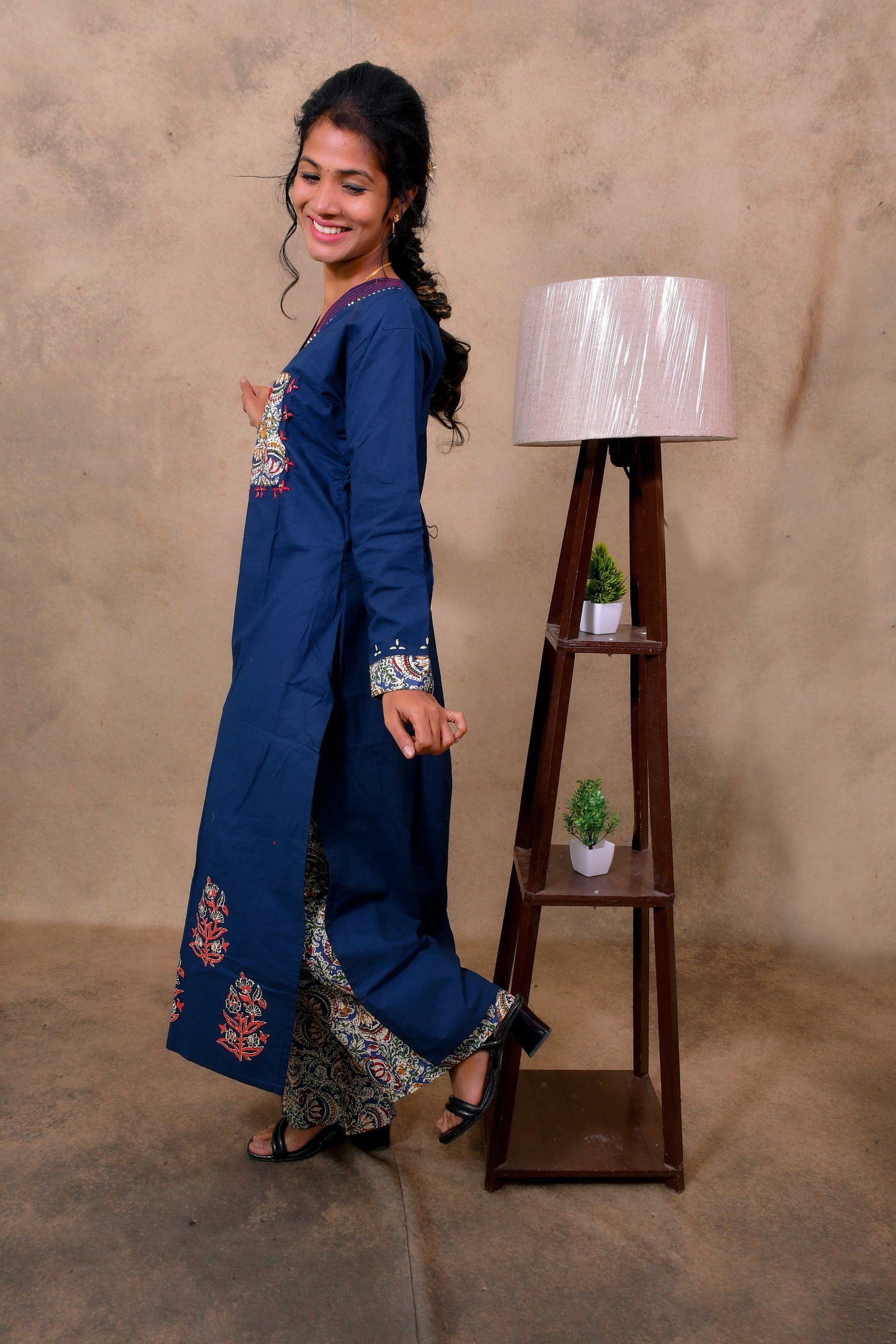 Blue Cotton 3-Piece Set for Women with Kalamkari Print & Palazzo Pant